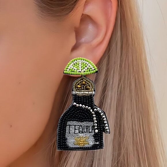 Tequila Bottle With Lime Seed Beaded Earrings - Picture 2 of 2